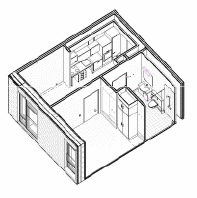 3d-illustration af ældrebolig i naboskab på 43 m2